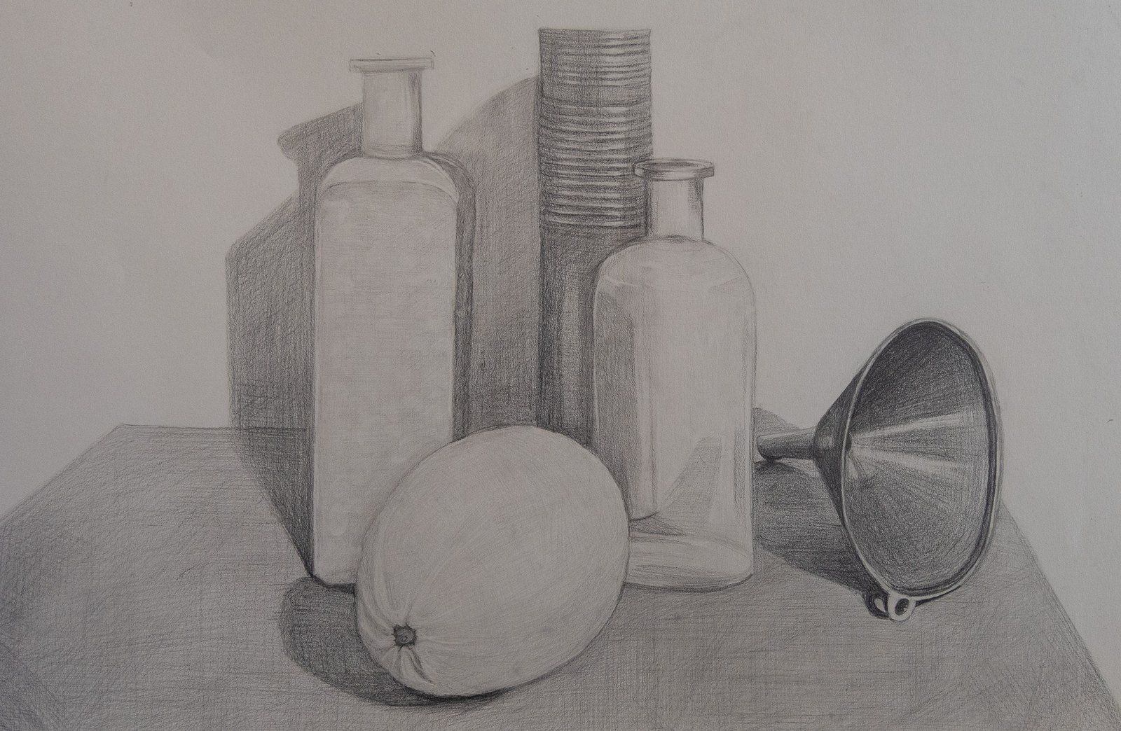 Untitled — graphite still life of bottles and a funnel